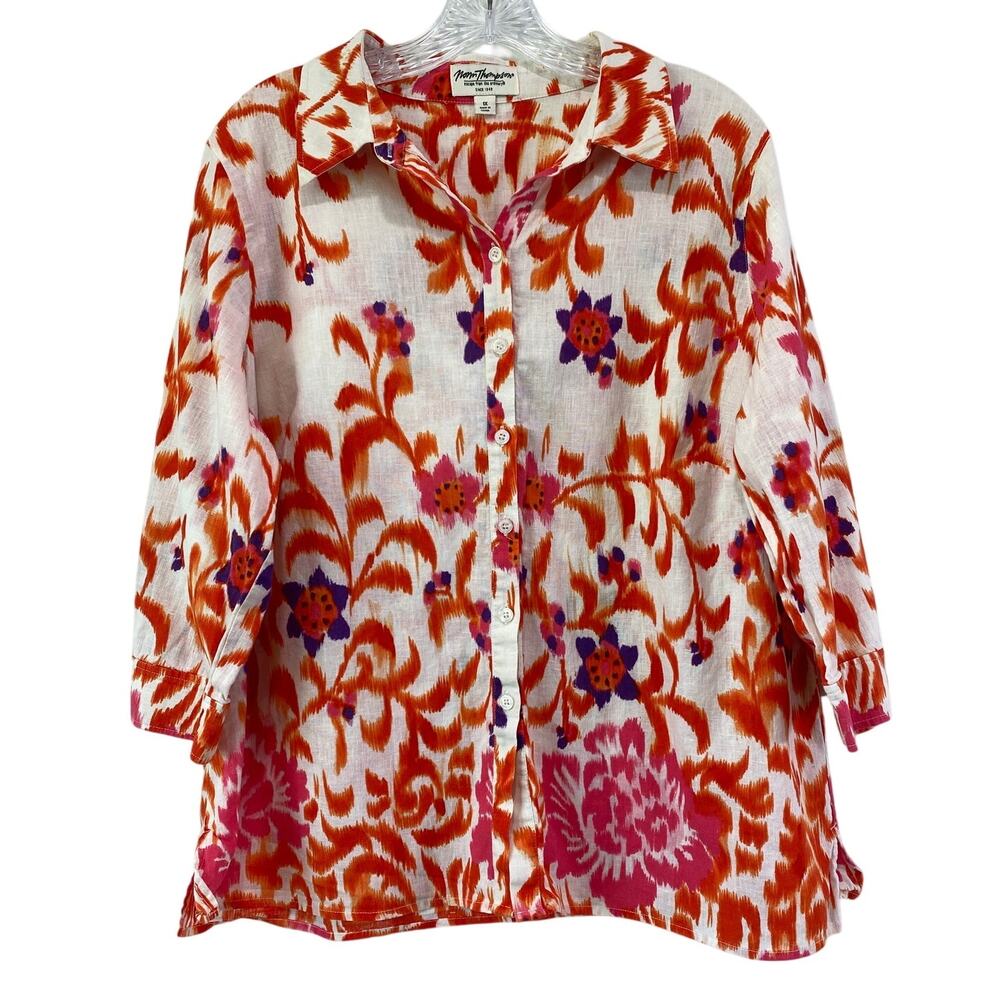 Norm Thompson Linen Cotton Vibrant Floral Button Up Top Size 1X Resort Wear Boho
